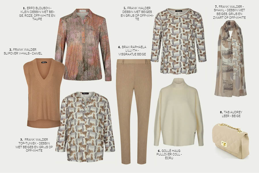 Lookbook INDIAN SUMMER voor moderne, seniore dames. Beige tinten tops, broeken en accessoires