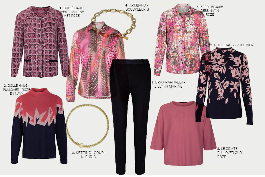 Dames lookbook PINK WITH A WINK met roze items van LeComte, Gollé Haug en Erfo op de marine kleur broek van Brax Raphaela