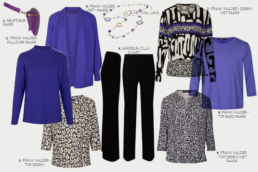 Shop the look PURPLE RAIN met de Gardeur broek en Frank walder tops, vesten, blousons en vestjasjes in paars en zwart dessins.