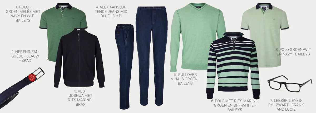 Lookbook Green and Marine met kledingcombinaties voor oudere heren