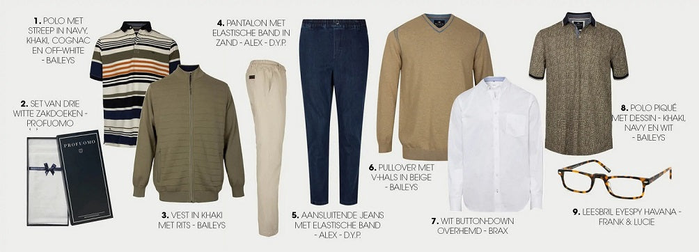 Lookbook heren 'Khaki look for men' voor moderne combinaties voor oudere heren bij DRESSYOURPARENTS