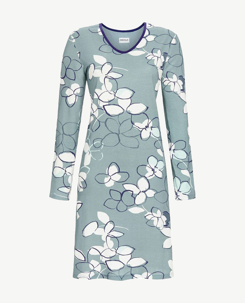 Ringella Nach-loungehemd - v-hals - Grijsgroen, off-white en navy