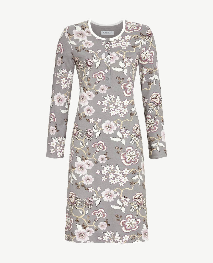 Ringella - Nacht-loungehemd - ronde hals - Taupe met lila, off-white en rose