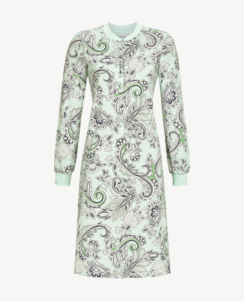 Ringella - Nachthemd met knoopjes en boordjes - ronde hals - Groen, navy , wit en grijs