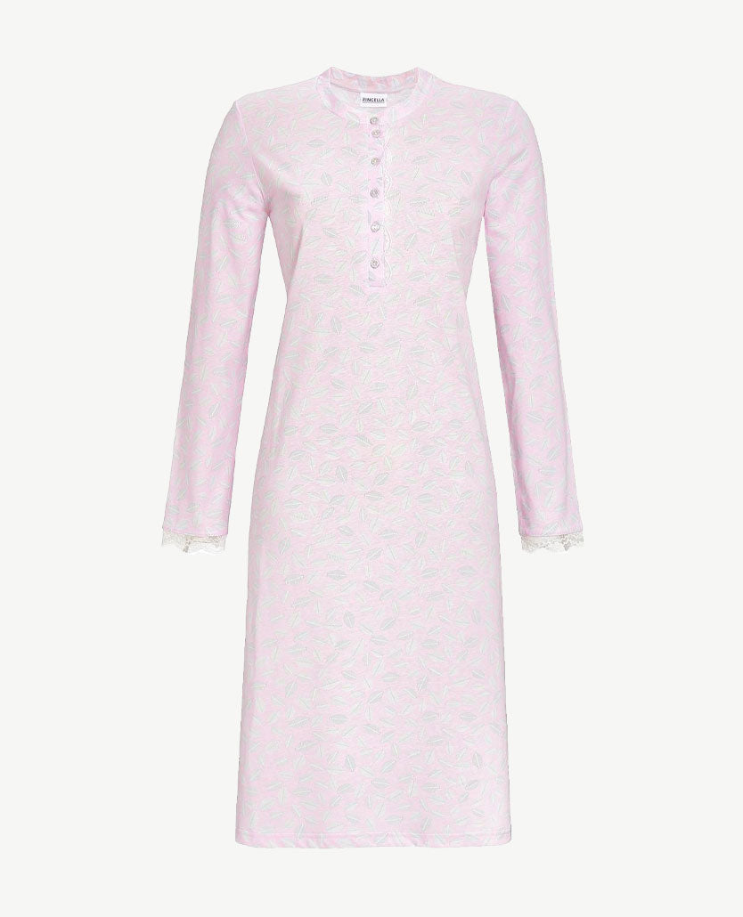 Ringella - Klassiek lang nachthemd - knoopsluiting - Rose met bladdessin