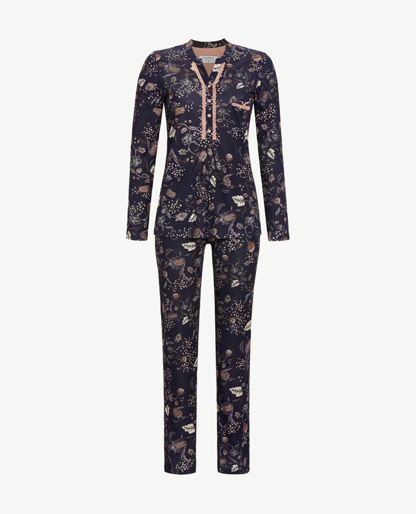 Ringella - Pyjama/lounge knoopsluiting - ronde v-hals - Navy met rose en grijs