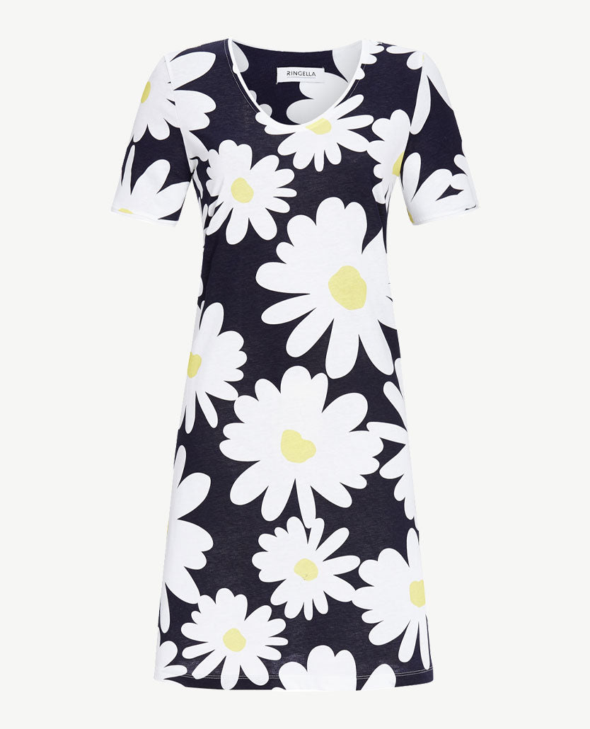 Ringella - Nachthemd - V-hals - Grote bloem met navy, geel en wit