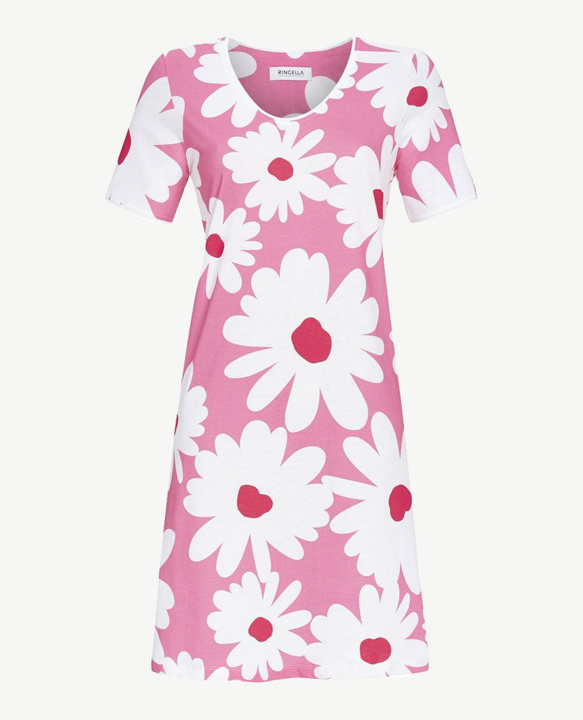 Ringella - Nachthemd - V-hals - Grote bloem met pink, rose en wit