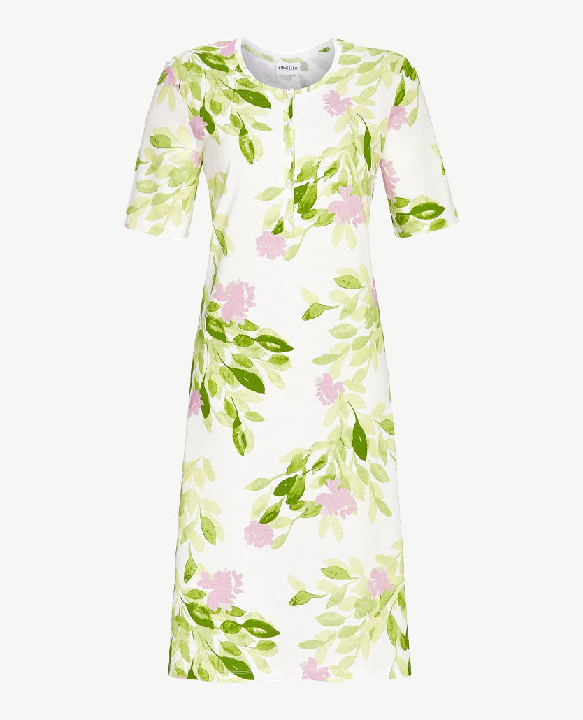 Ringella - Nachthemd met knoopjes - Ronde hals - Groen, wit en rose