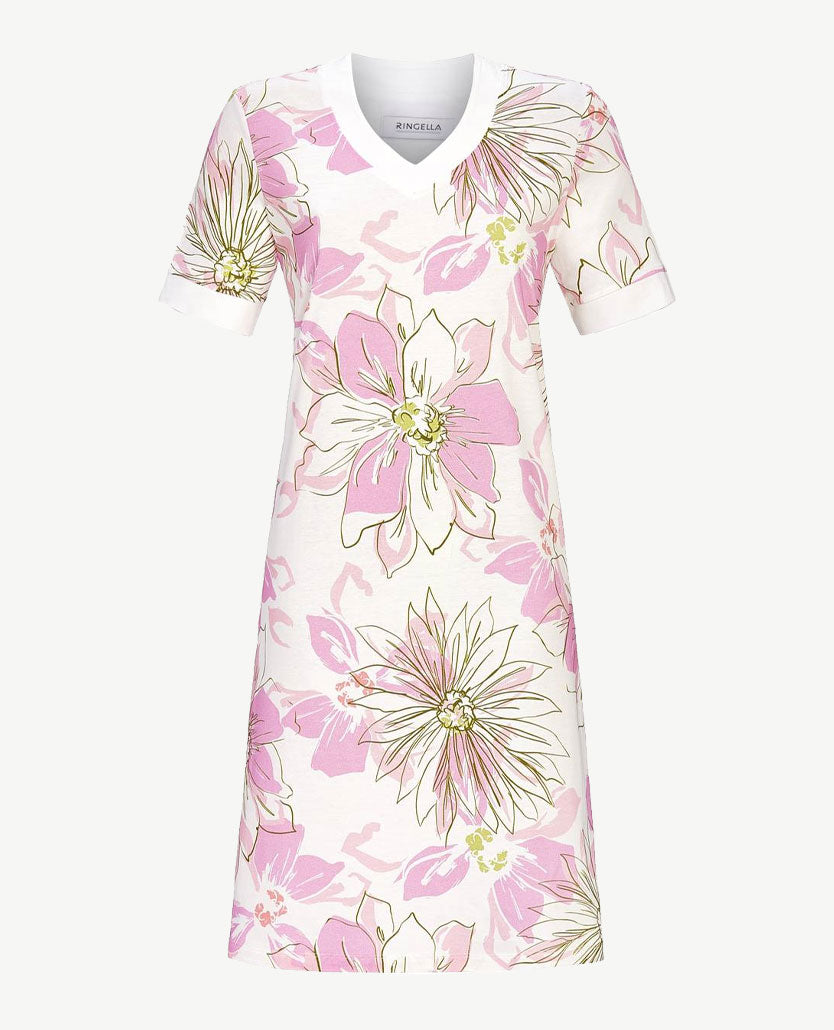 Ringella - Nachthemd - V-hals - Groot dessin met rose en groen en wit
