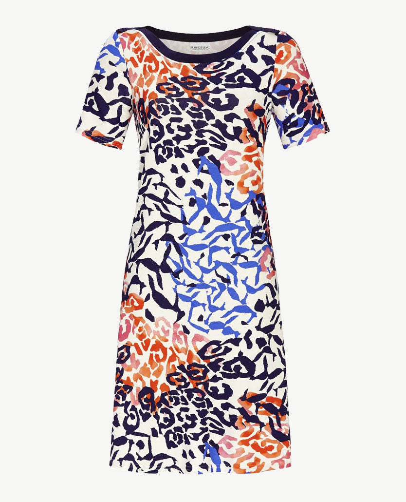 Ringella - Lounge/Nachthemd - ronde hals - Navy, kobalt, wit, oranje en pink
