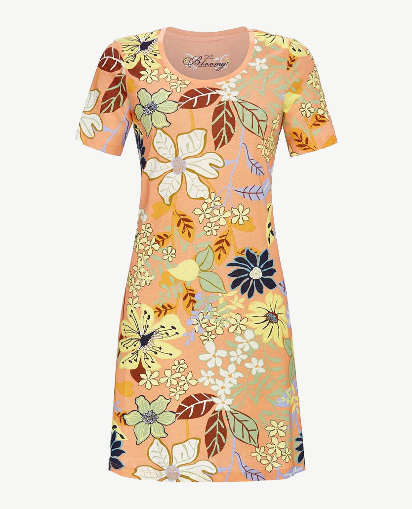 Ringella - Nacht-Loungehemd - Ronde hals - Multicolor bloemdessin met oranje