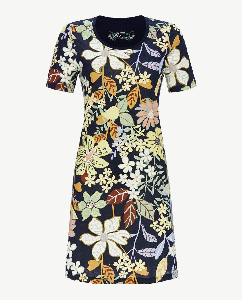 Ringella - Nacht-Loungehemd - Ronde hals - Multicolor bloemdessin met navy