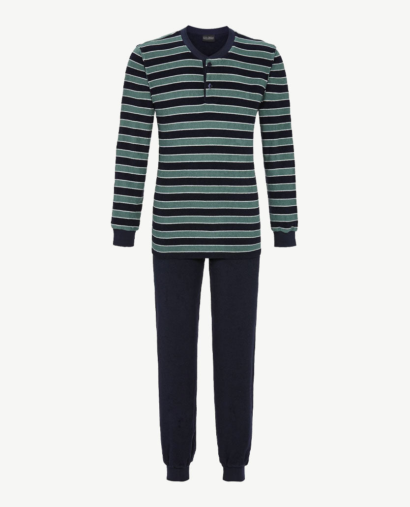Ringella - Herenpyjama ronde hals met knoopsluiting - Badstof navy met groen