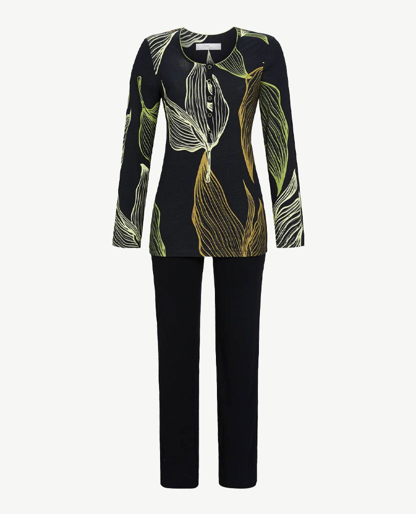 Ringella - Lounge-pyjama - met knoopsluiting - Zwart met groenen
