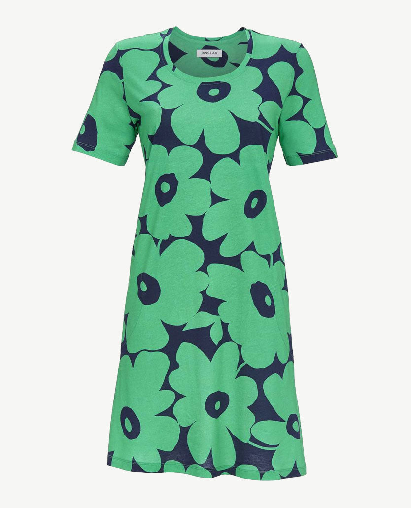 Ringella - Nacht-Loungehemd - Ronde hals - Navy met groen bloem