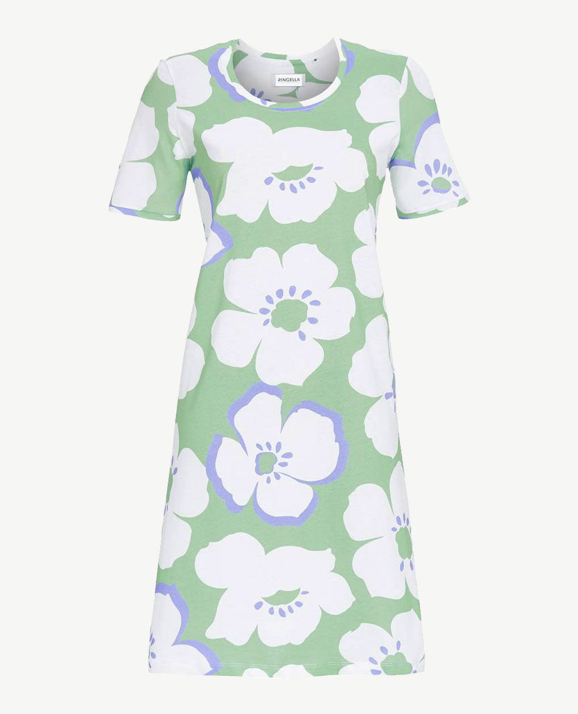 Ringella - Nacht-Loungehemd - Ronde hals - Wiite bloem met groen en blue