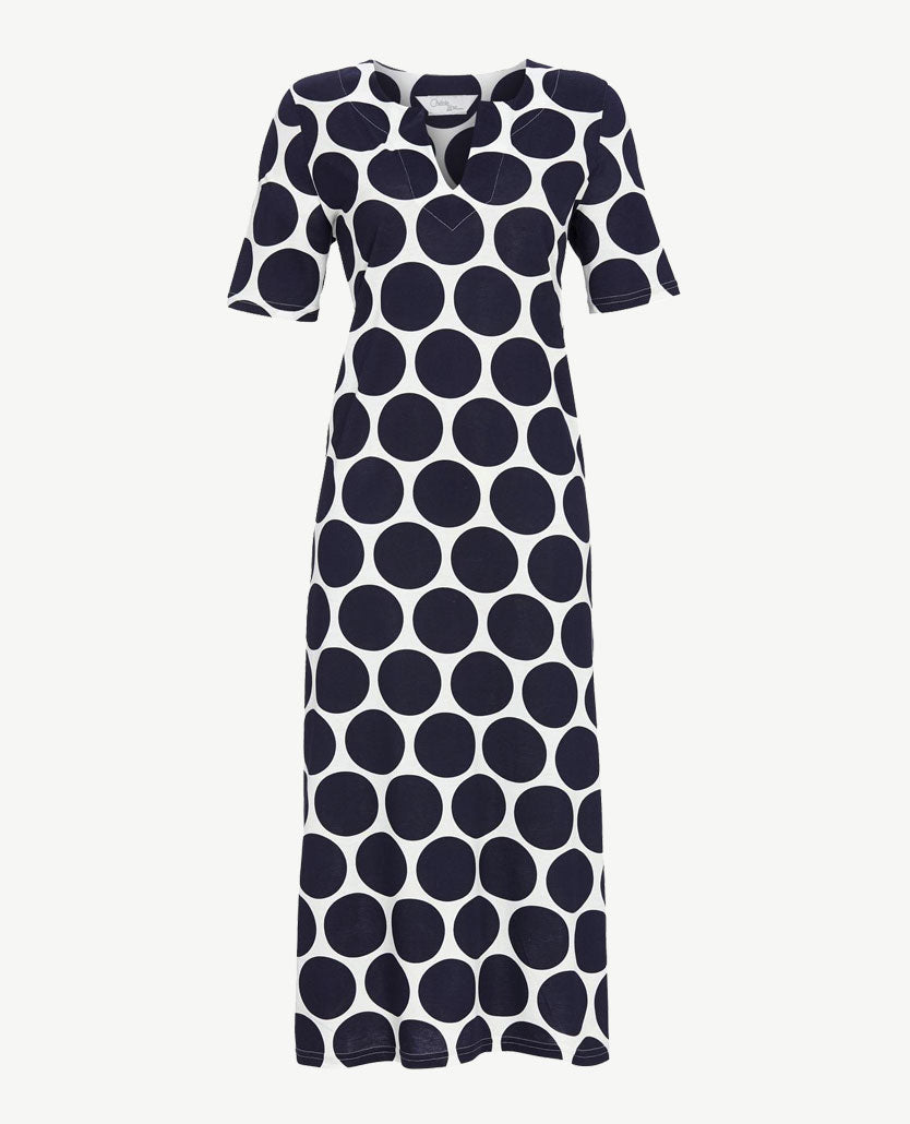 Ringella - Lang nacht-Loungehemd - Ronde v-hals - Nop navy met wit