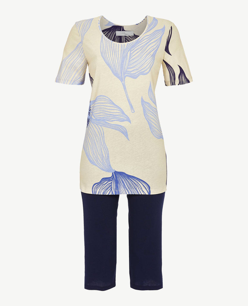 Ringella - Pyjama-lounge - Capri broek - ronde hals - Beige met blauwen en navy