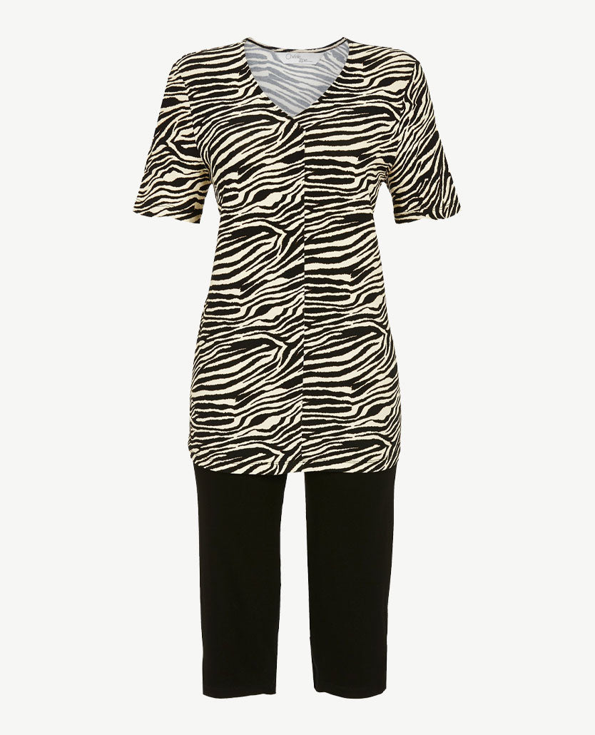 Ringella - Pyjama-lounge - Capri broek - v-hals - Dessin zwart en beige