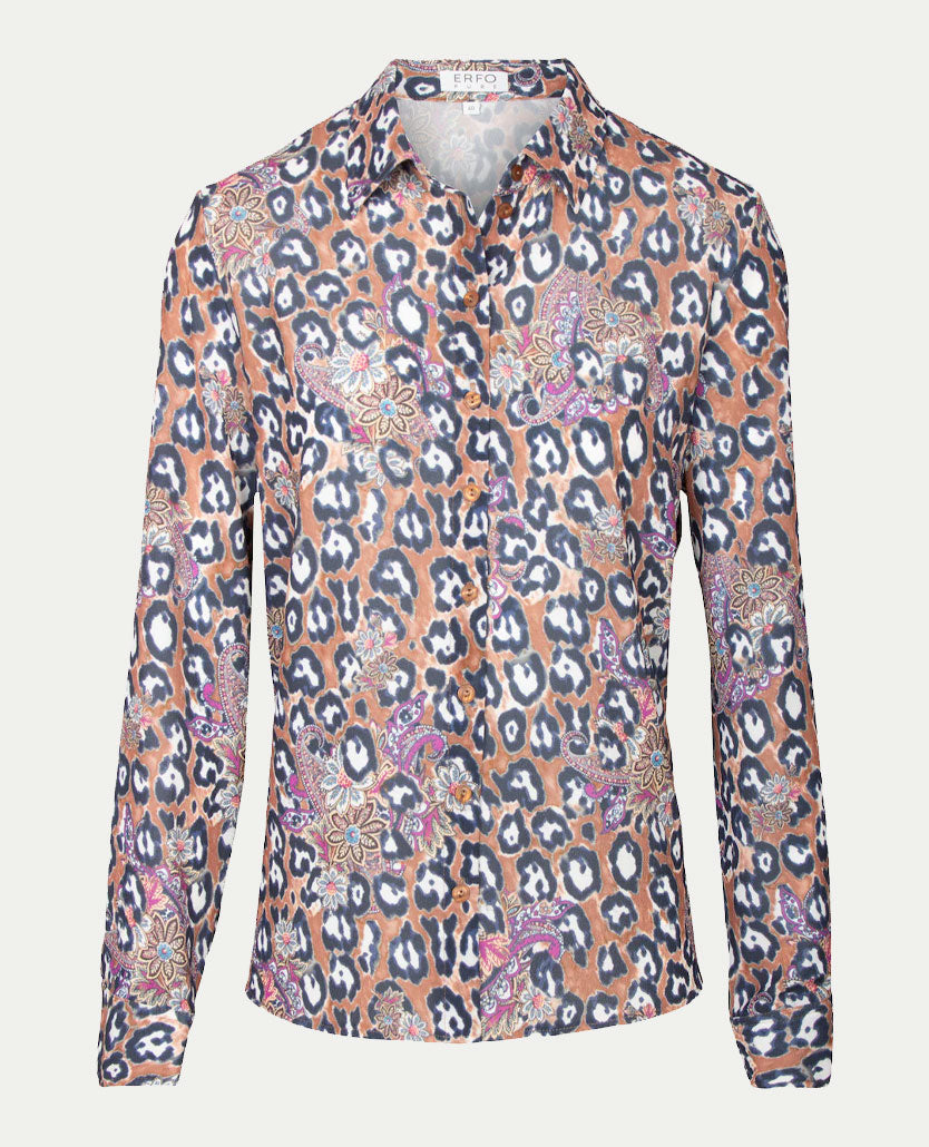 Erfo - Blouse met kraag - Dessin paisley en leopard in cognac, zwart en off-white