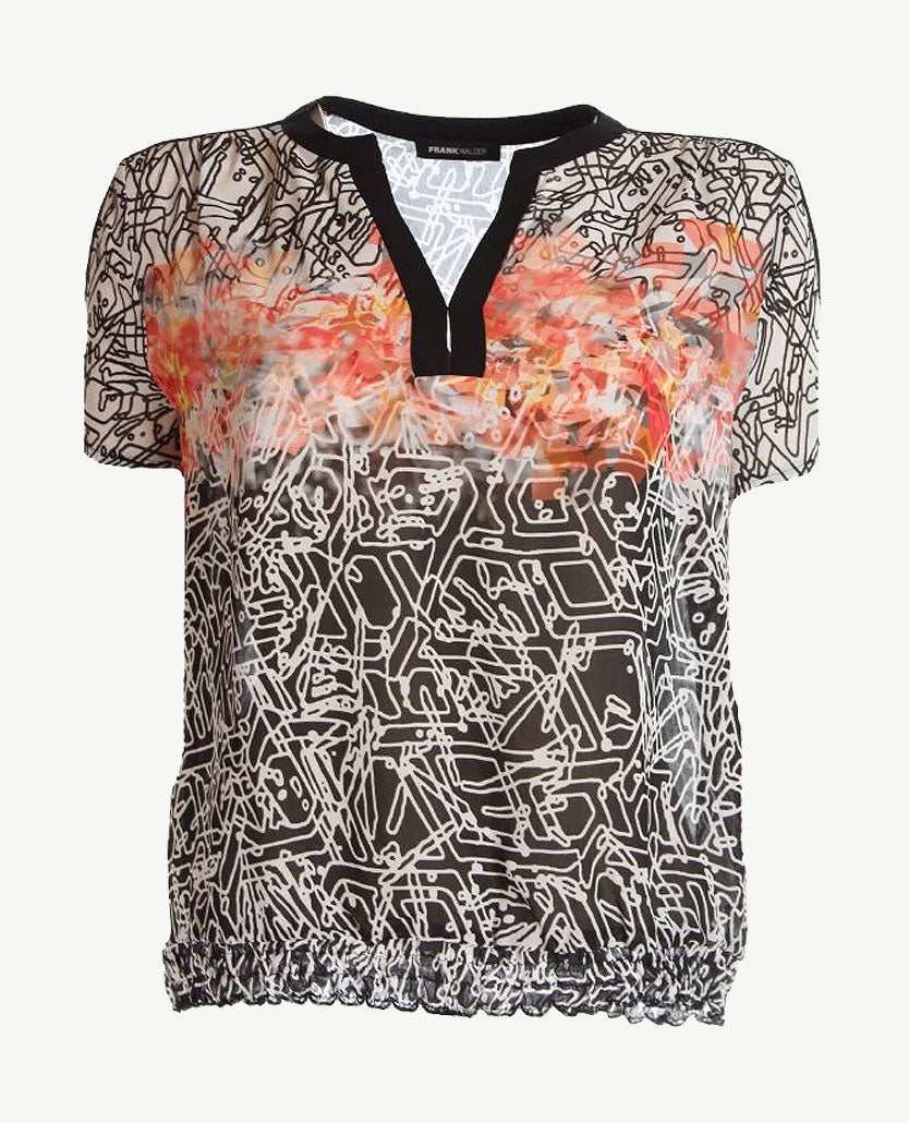 Frank Walder  - Blouson met v-hals en k/m - Dessin Koraal/zwart/wit