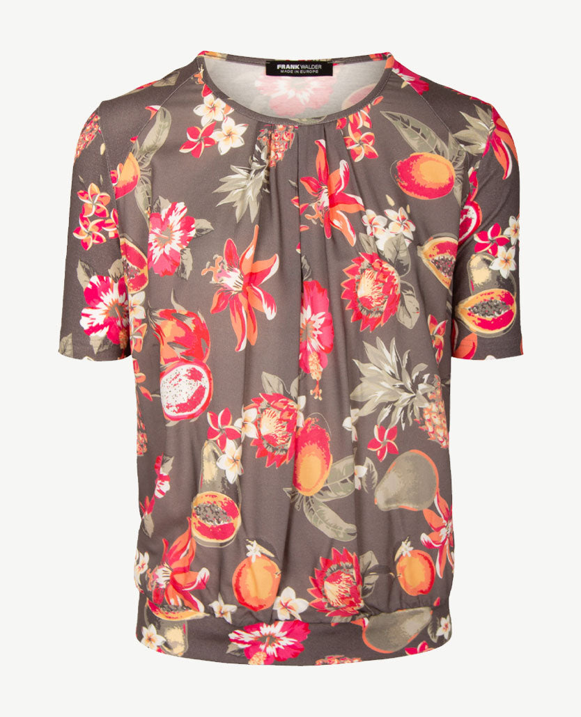 Frank Walder - Blousontop - Khaki met cerise, oranje en wit