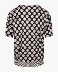 Frank Walder  - Blousontop met ronde hals en koordje - Dessin navy en beige