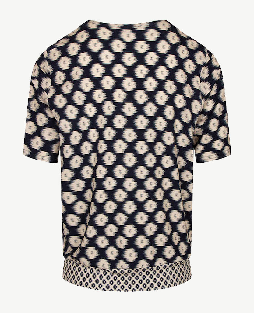 Frank Walder  - Blousontop met ronde hals en koordje - Dessin navy en beige