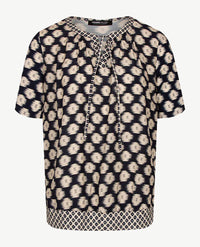 Frank Walder  - Blousontop met ronde hals en koordje - Dessin navy en beige