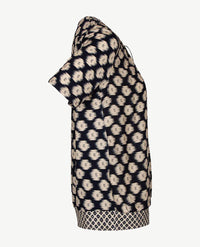 Frank Walder  - Blousontop met ronde hals en koordje - Dessin navy en beige