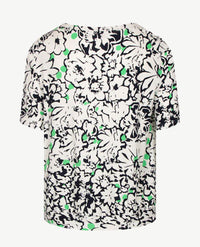 Frank Walder  - Blousontop - ronde hals - Bloemdessin wit met groen en navy