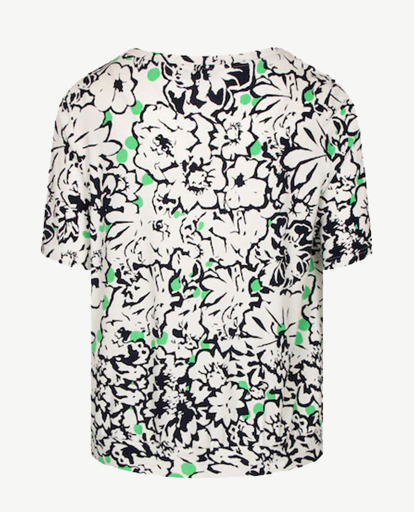 Frank Walder  - Blousontop - ronde hals - Bloemdessin wit met groen en navy