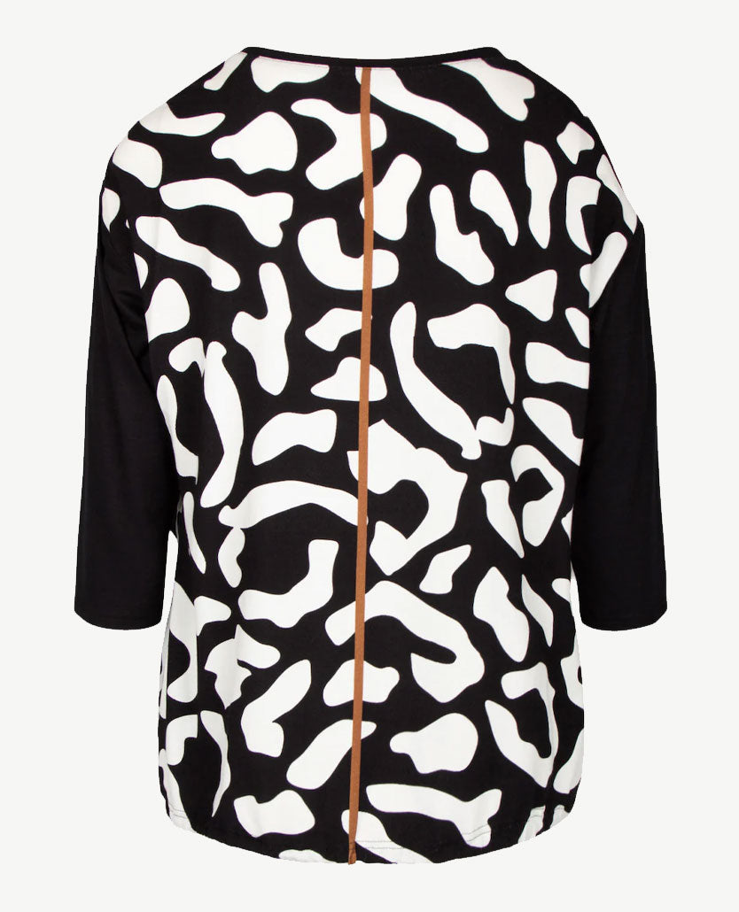 Frank Walder  - Blousontop ronde hals - Dessin met zwart, cognac en wit