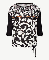 Frank Walder  - Blousontop ronde hals - Dessin met zwart, cognac en wit