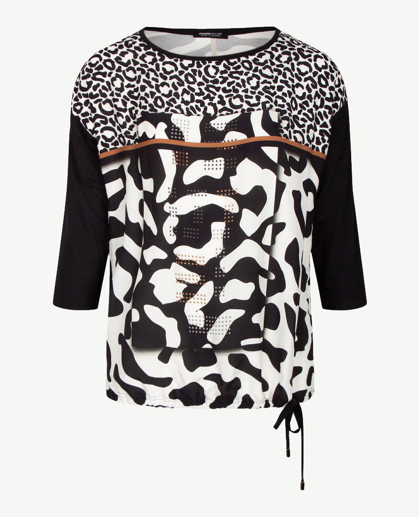 Frank Walder  - Blousontop ronde hals - Dessin met zwart, cognac en wit