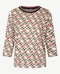 Frank Walder  - Blousontop - ronde hals - Taupe, beige, zwart en pinkrood