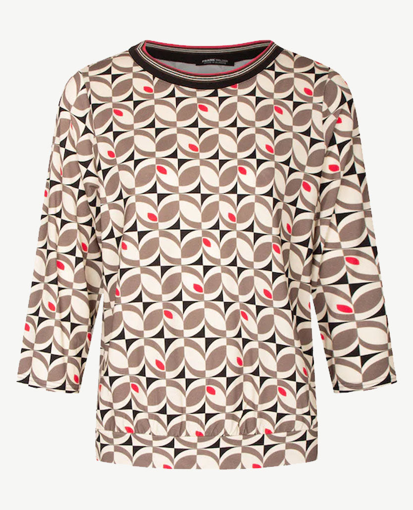 Frank Walder  - Blousontop - ronde hals - Taupe, beige, zwart en pinkrood
