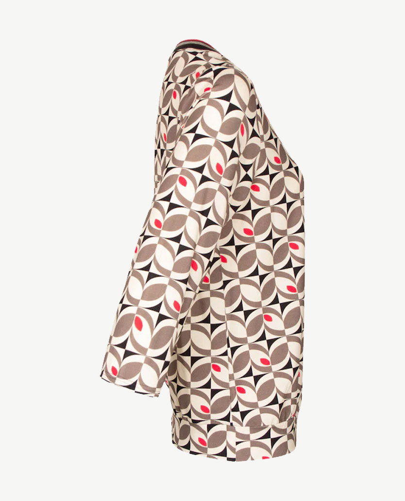Frank Walder  - Blousontop - ronde hals - Taupe, beige, zwart en pinkrood