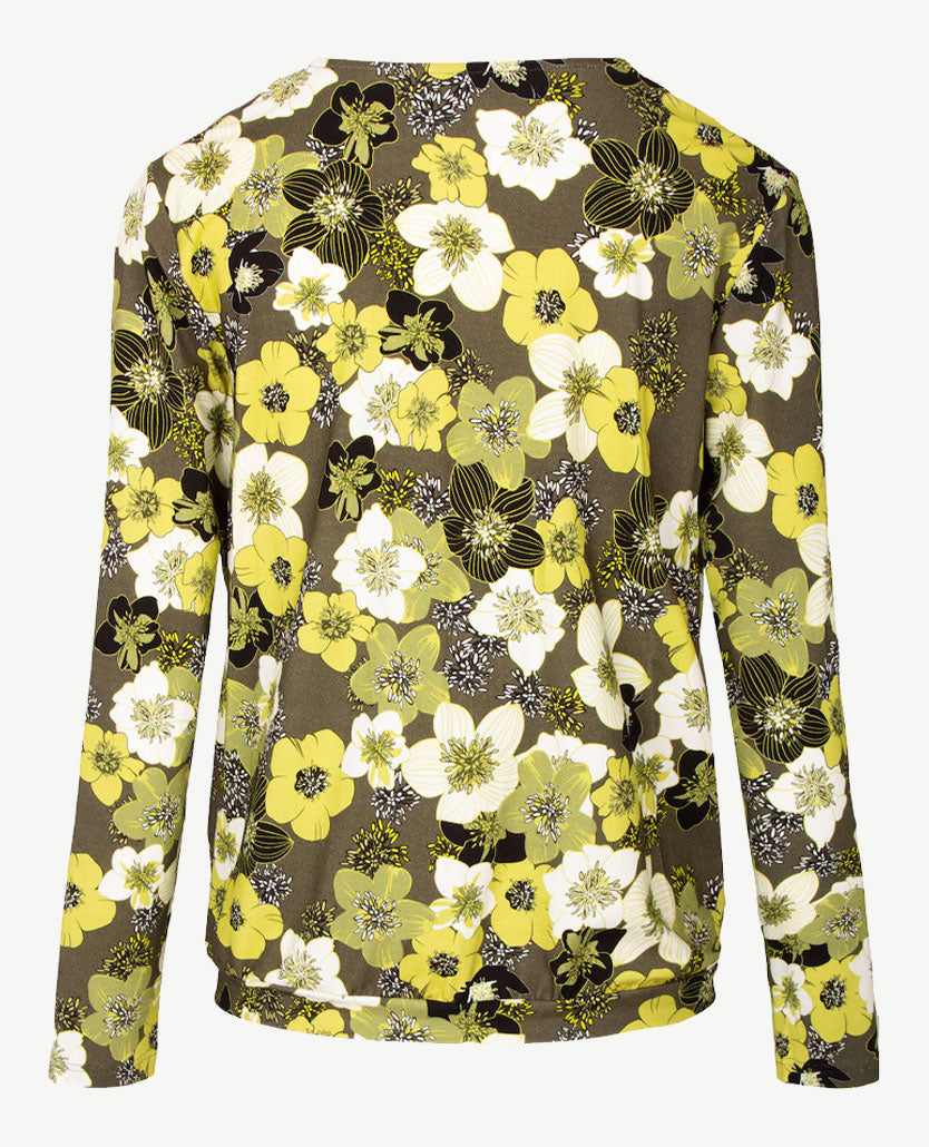 Frank Walder  - Blousontop - ronde v-hals - in bloemdessin van groenen met  wit en zwart