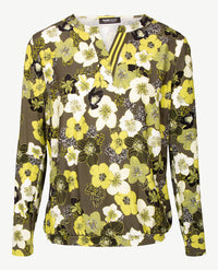 Frank Walder  - Blousontop - ronde v-hals - in bloemdessin van groenen met  wit en zwart