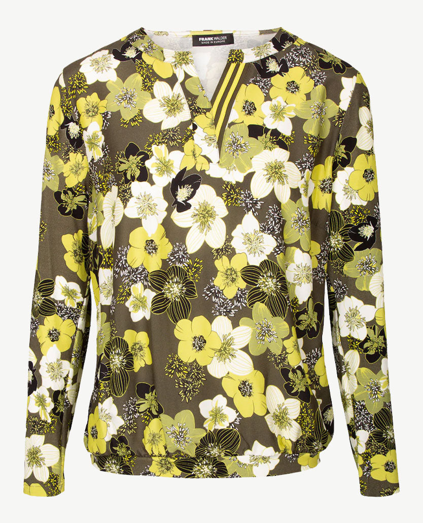 Frank Walder  - Blousontop - ronde v-hals - in bloemdessin van groenen met  wit en zwart