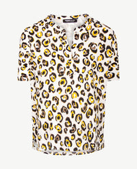 Frank Walder - Blousontop - v-hals - Dessin panter, zwart, wit en geel en taupe