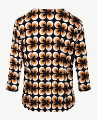 Frank Walder  - Blousontop v-hals - dessin retro zwart, wit en cognac