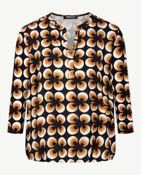 Frank Walder  - Blousontop v-hals - dessin retro zwart, wit en cognac