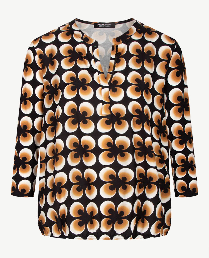 Frank Walder  - Blousontop v-hals - dessin retro zwart, wit en cognac