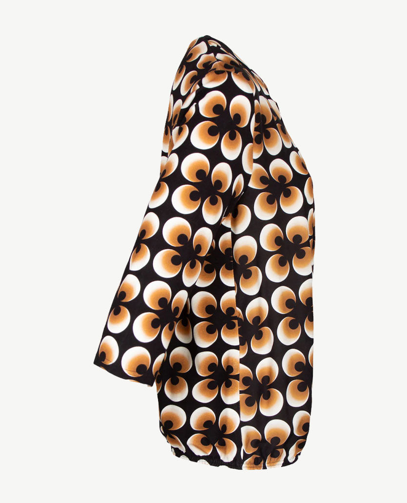 Frank Walder  - Blousontop v-hals - dessin retro zwart, wit en cognac