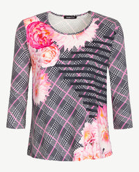 Frank Walder  - T-shirt ronde hals - Pied de coq marine met pink en wit