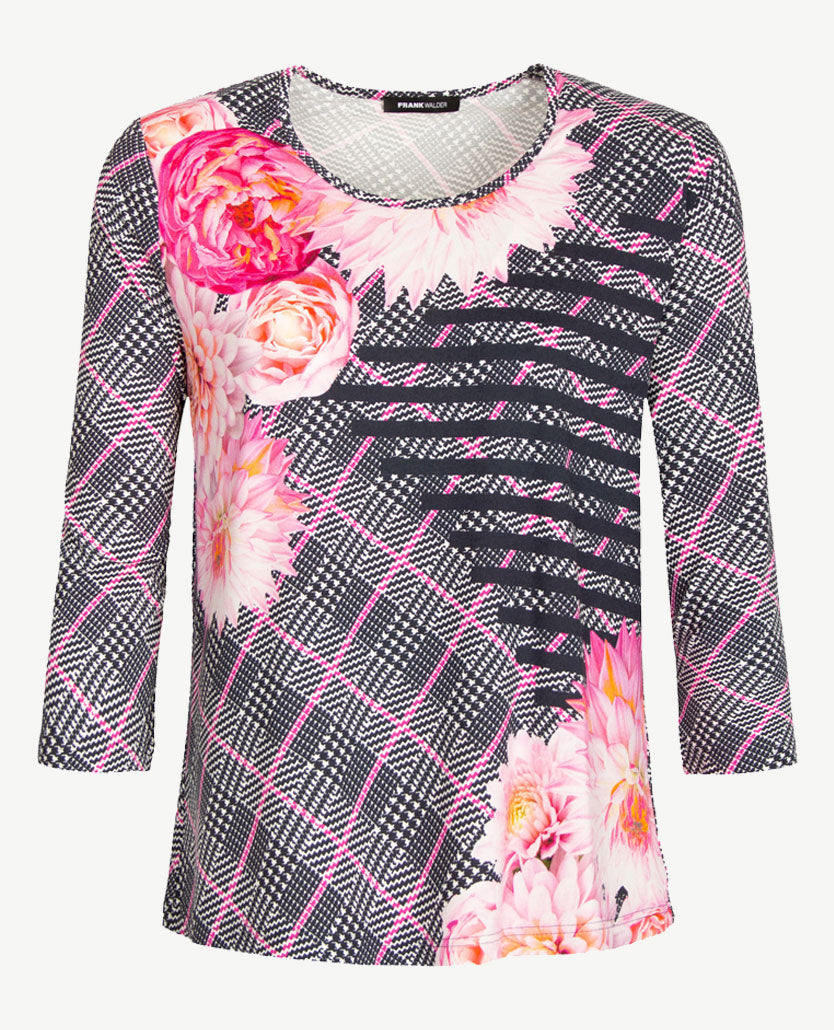 Frank Walder  - T-shirt ronde hals - Pied de coq marine met pink en wit