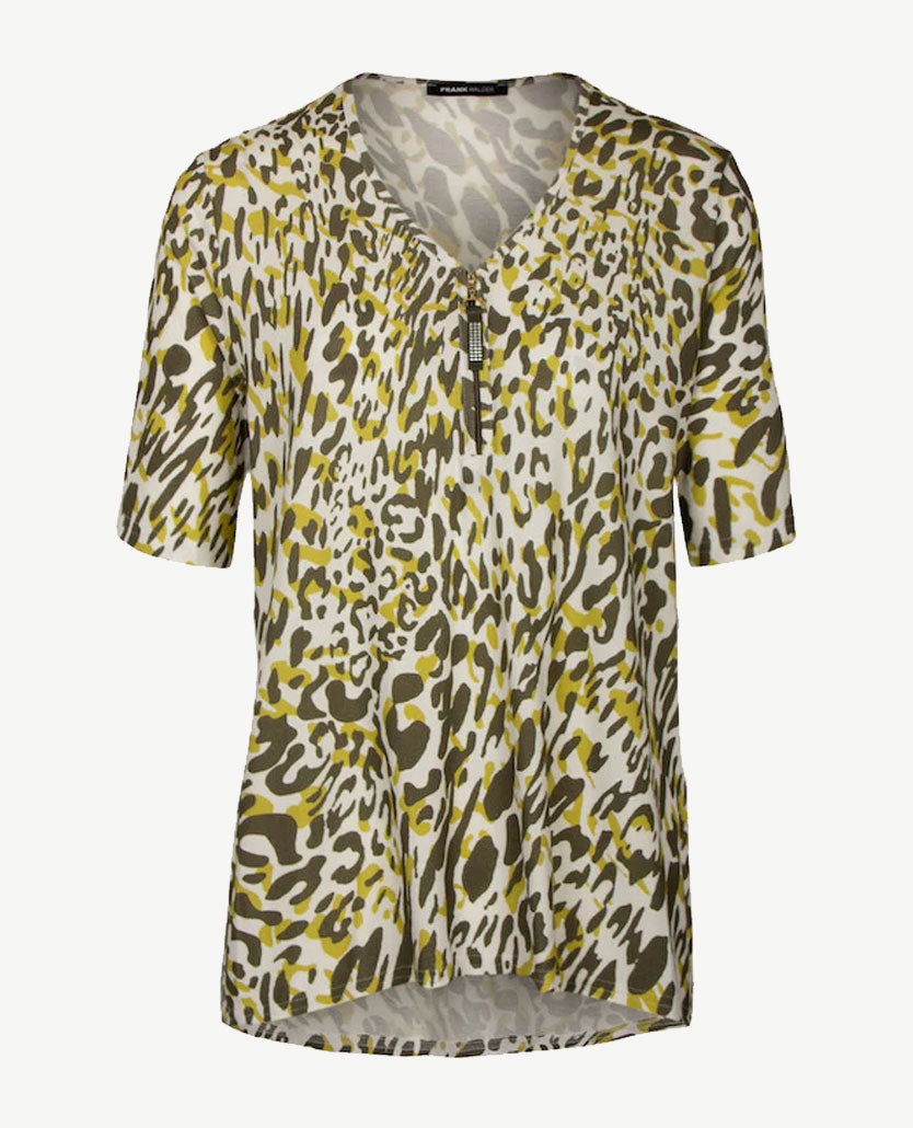 Frank Walder  - Top met rits - Dessin khaki, wit en geel